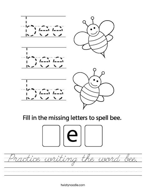 Practice writing the word bee. Worksheet