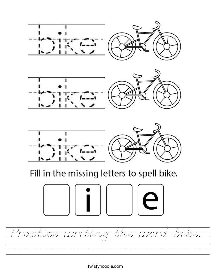 Practice writing the word bike. Worksheet