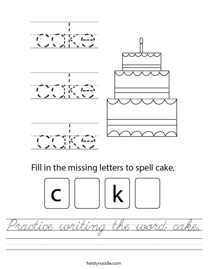 Practice writing the word cake. Worksheet
