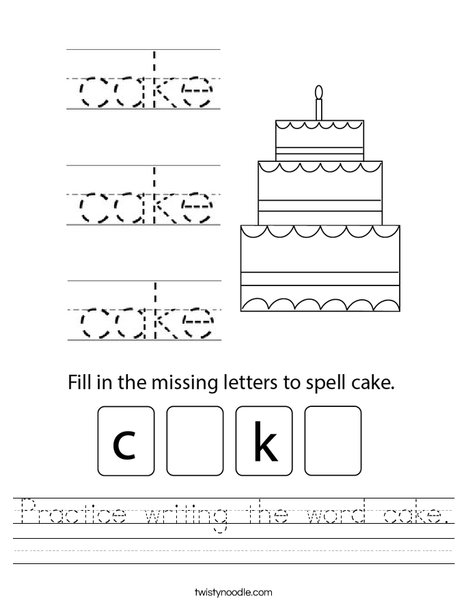 Practice writing the word cake. Worksheet