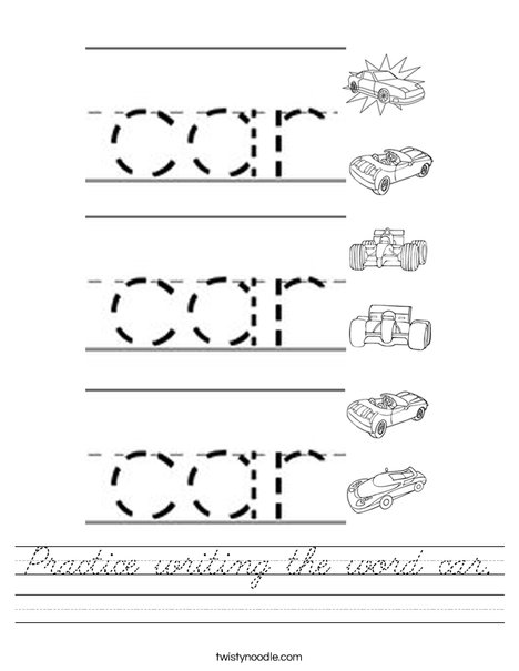 Practice writing the word car. Worksheet