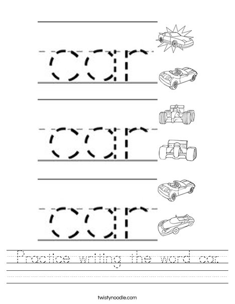 Practice writing the word car. Worksheet