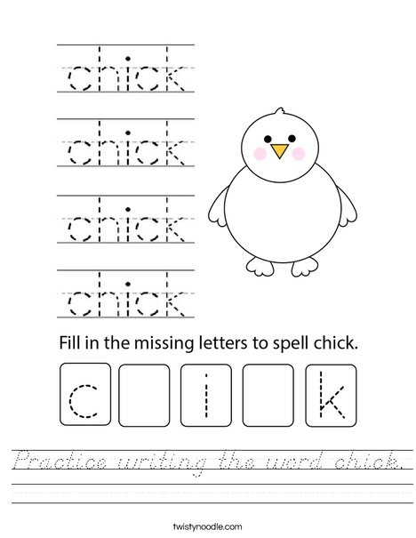 Practice writing the word chick. Worksheet