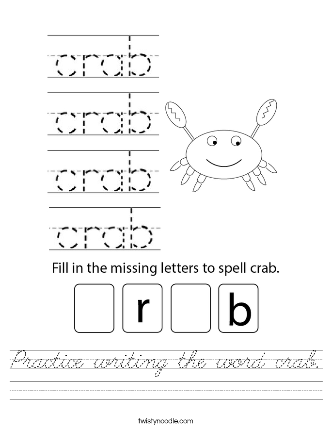 Practice writing the word crab. Worksheet