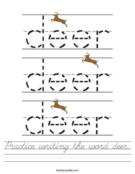 Practice writing the word deer. Worksheet