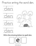 Practice writing the word den Coloring Page