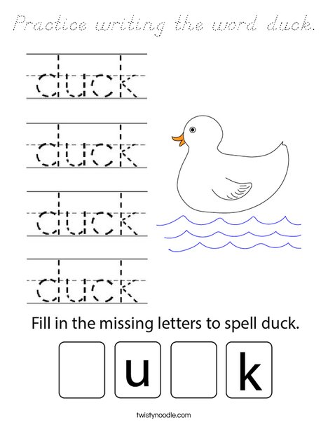 Practice writing the word duck Coloring Page - D'Nealian - Twisty Noodle