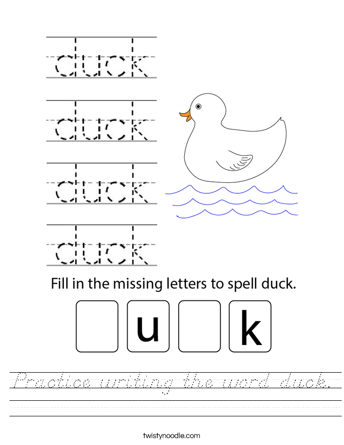 Practice writing the word duck Worksheet - D'Nealian - Twisty Noodle