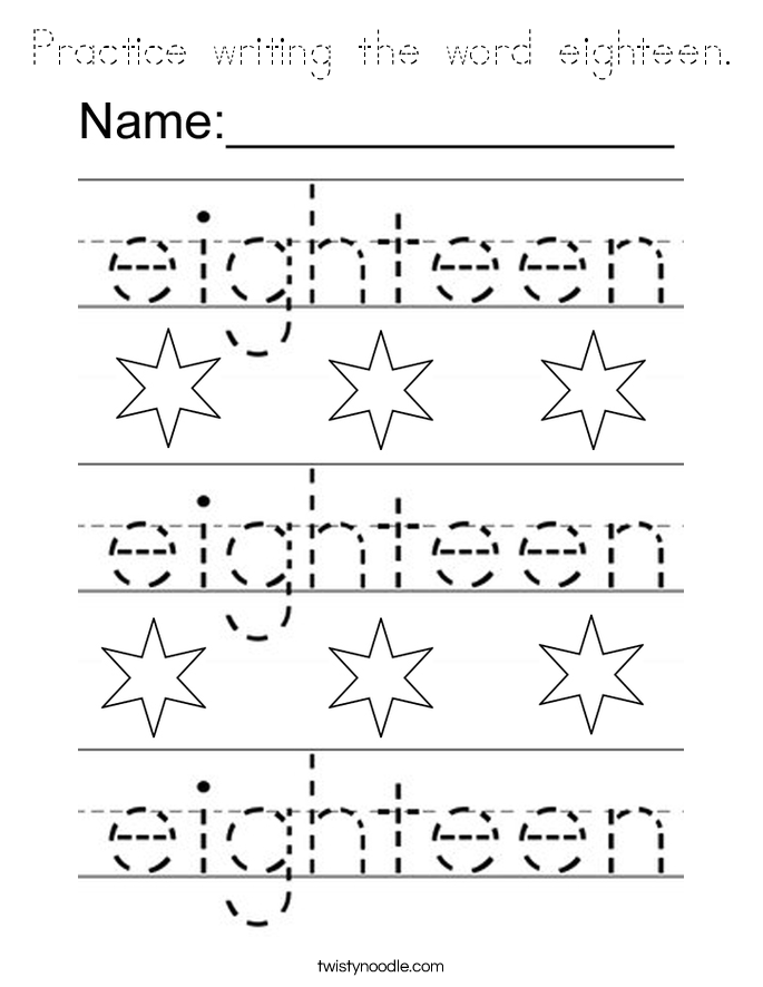 Practice writing the word eighteen. Coloring Page