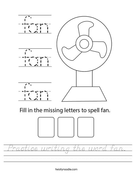 Practice writing the word fan. Worksheet