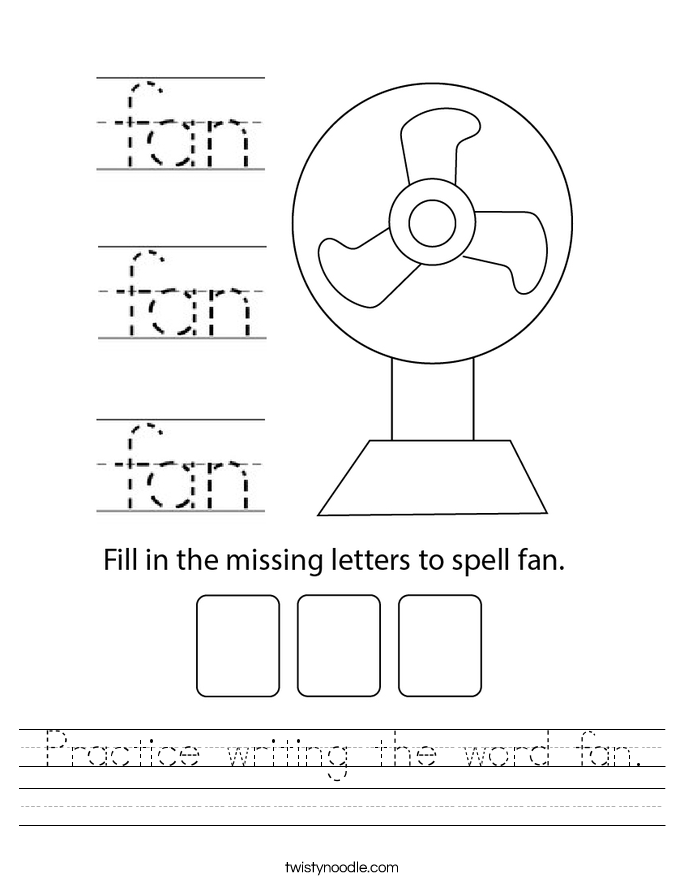 Practice writing the word fan. Worksheet
