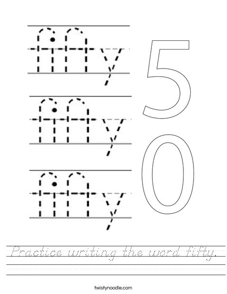 Practice writing the word fifty. Worksheet