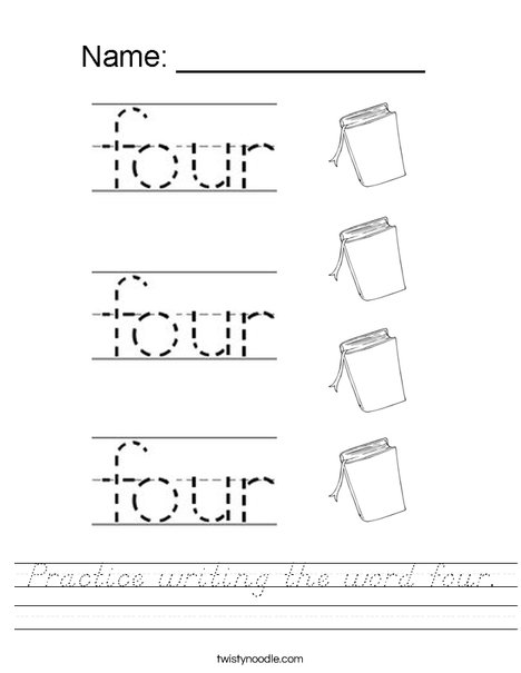 Practice writing the word four. Worksheet