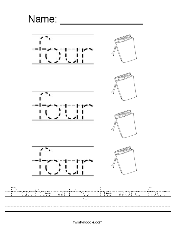 Practice writing the word four. Worksheet