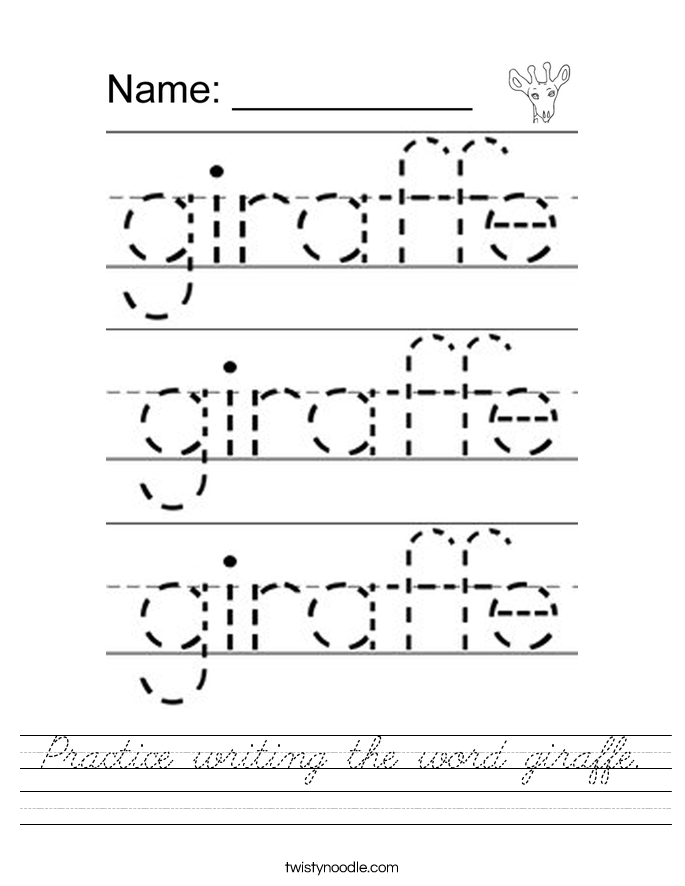 Practice writing the word giraffe Worksheet - Cursive - Twisty Noodle