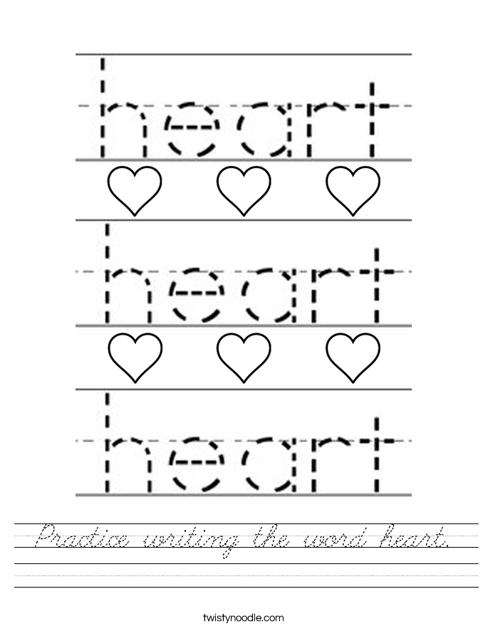 Practice writing the word heart. Worksheet