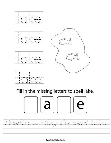 Practice writing the word lake. Worksheet