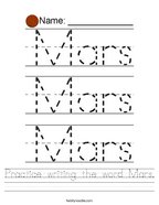 Practice writing the word Mars Handwriting Sheet