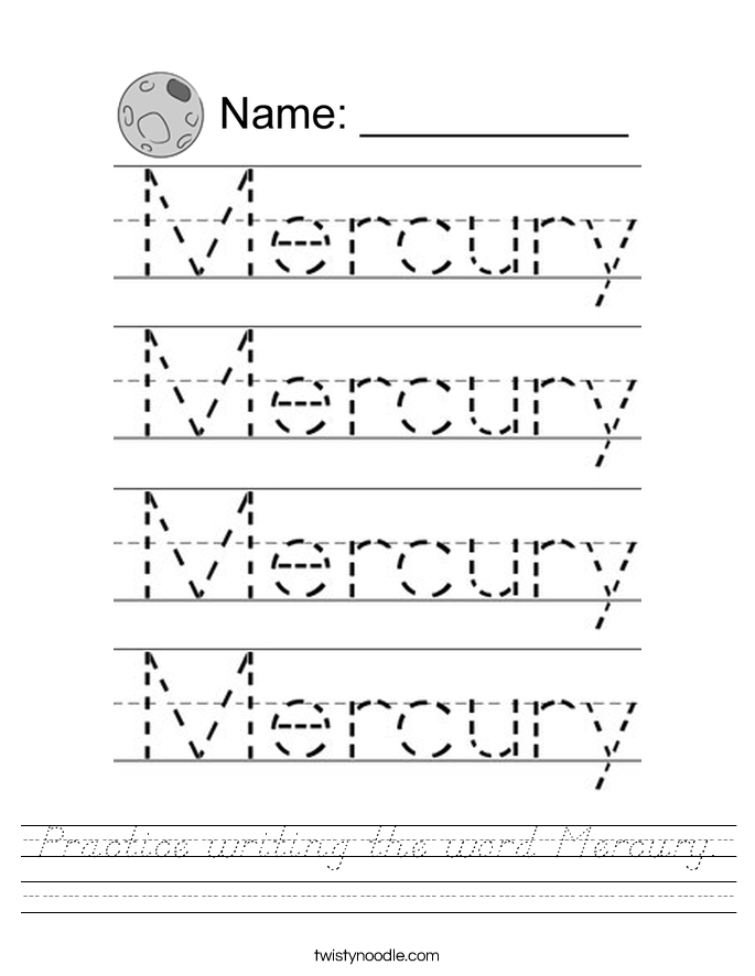 Practice writing the word Mercury. Worksheet