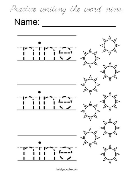 Practice writing the word nine. Coloring Page