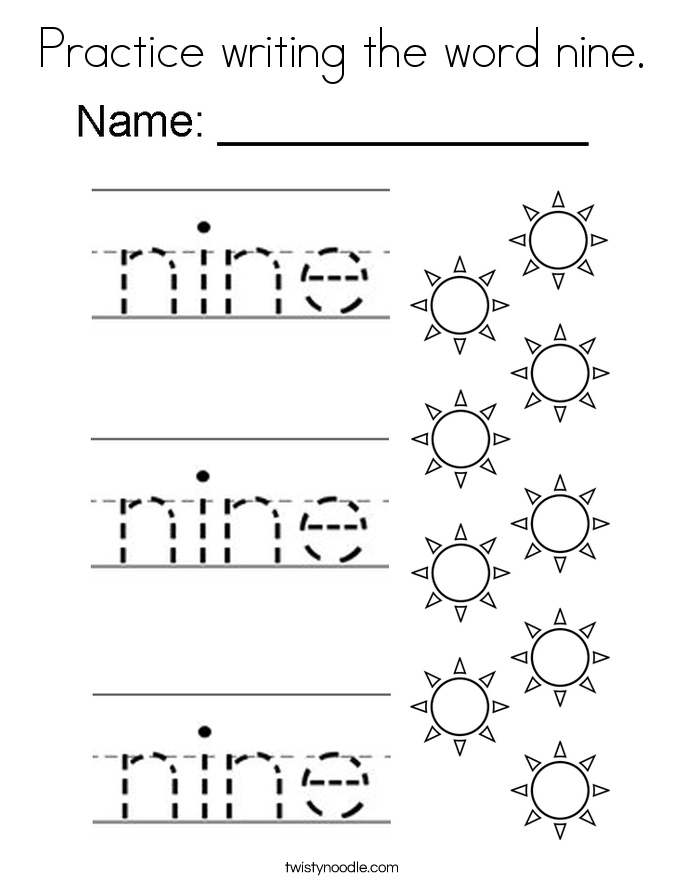 Practice writing the word nine. Coloring Page