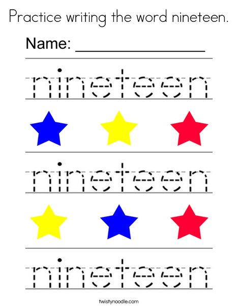 Practice writing the word nineteen. Coloring Page