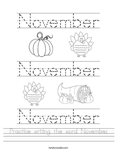 Practice writing the word November. Worksheet