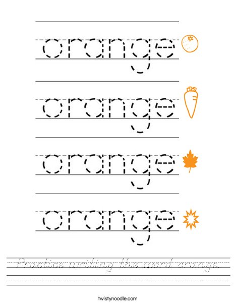 Practice writing the word orange. Worksheet