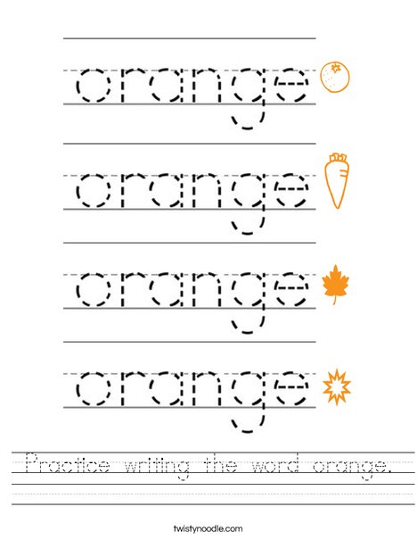 Practice writing the word orange. Worksheet