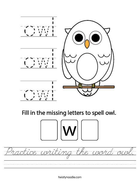 Practice writing the word owl. Worksheet