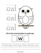Practice writing the word owl Handwriting Sheet