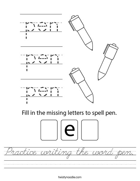 Practice writing the word pen. Worksheet