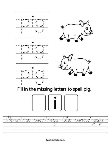 Practice writing the word pig Worksheet - Cursive - Twisty Noodle