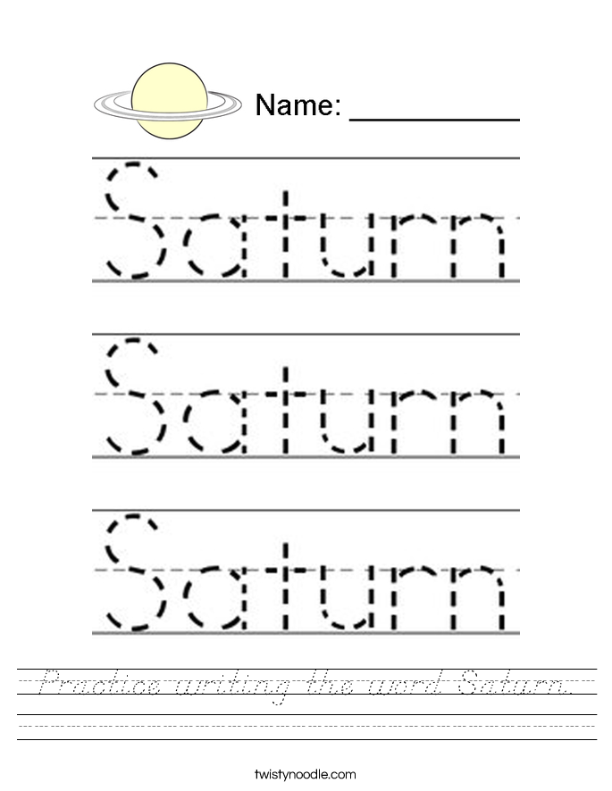 Practice writing the word Saturn. Worksheet