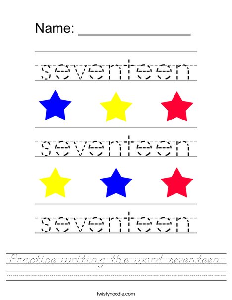 Practice writing the word seventeen. Worksheet