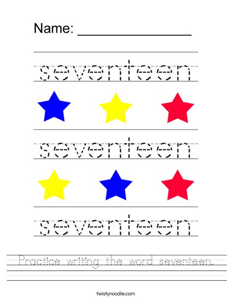 Practice writing the word seventeen. Worksheet