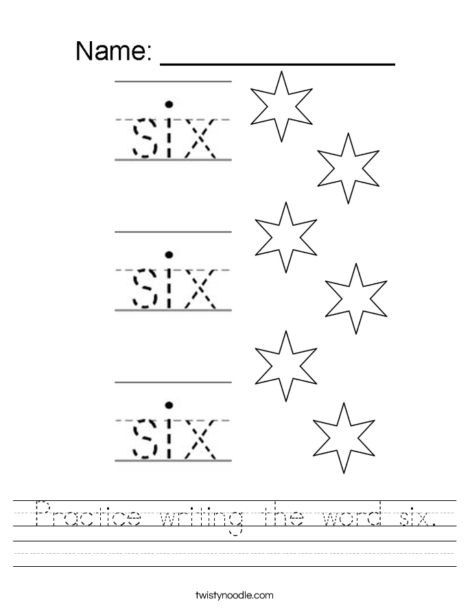Practice writing the word six. Worksheet