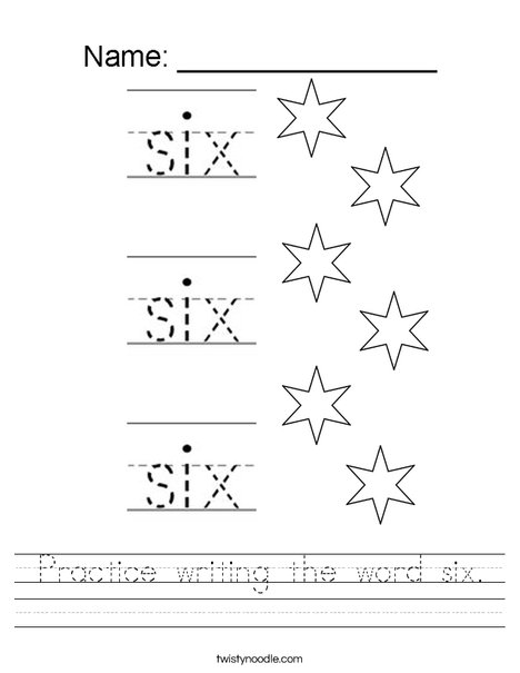 Practice writing the word six. Worksheet
