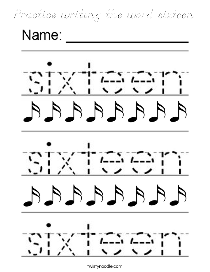 Practice writing the word sixteen. Coloring Page