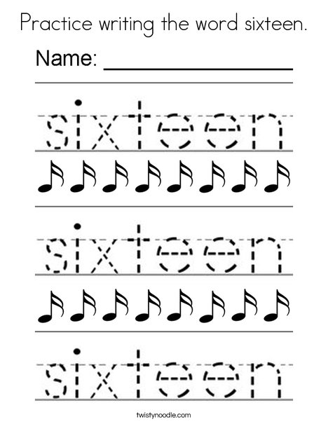 Practice writing the word sixteen. Coloring Page