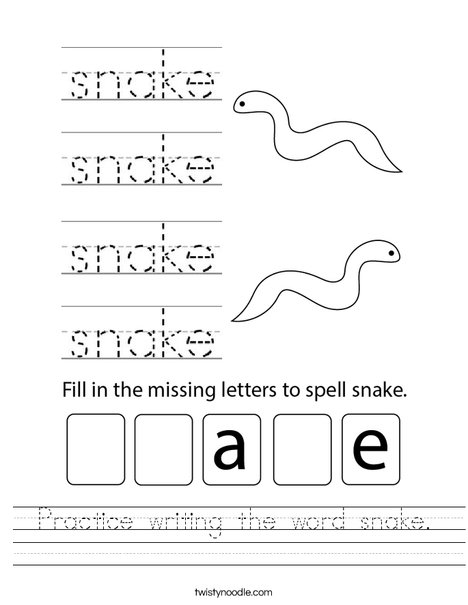 Practice writing the word snake. Worksheet