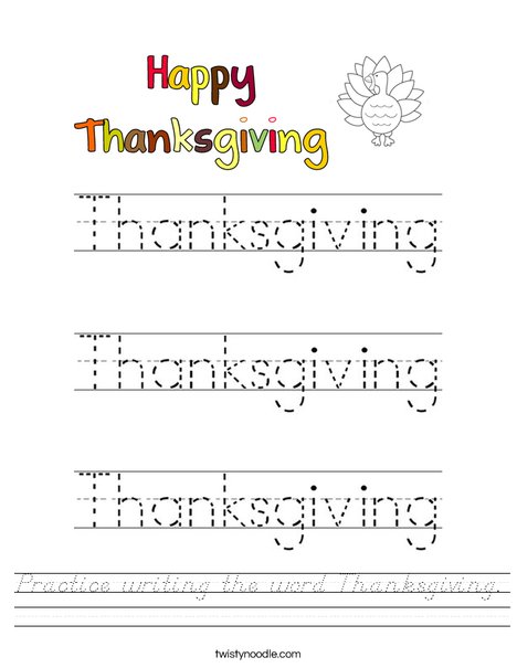 Practice writing the word Thanksgiving. Worksheet