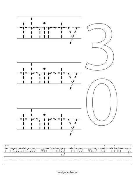 Practice writing the word thirty. Worksheet