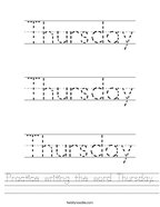 Practice writing the word Thursday Handwriting Sheet