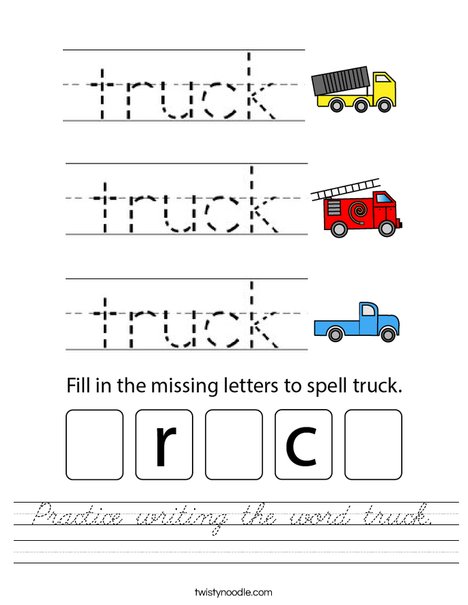 Practice writing the word truck. Worksheet