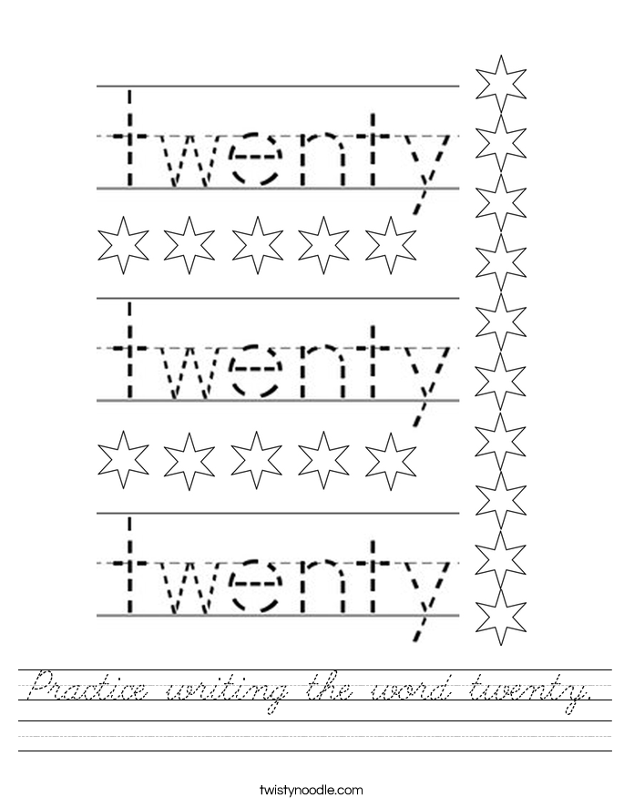 Practice writing the word twenty. Worksheet