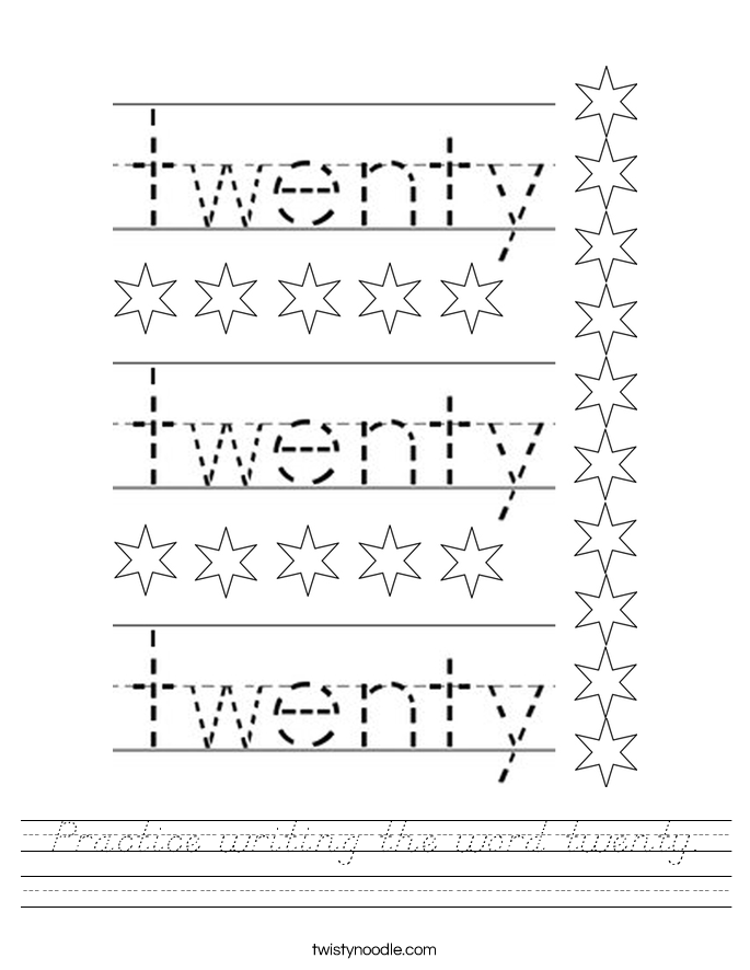 Practice writing the word twenty. Worksheet