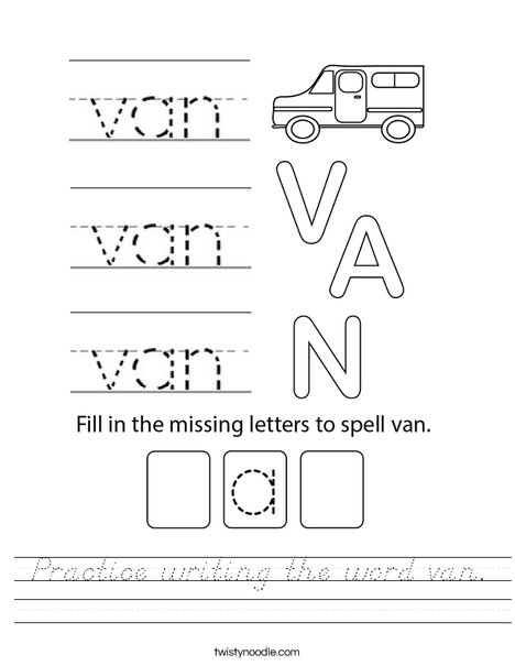 Practice writing the word van. Worksheet