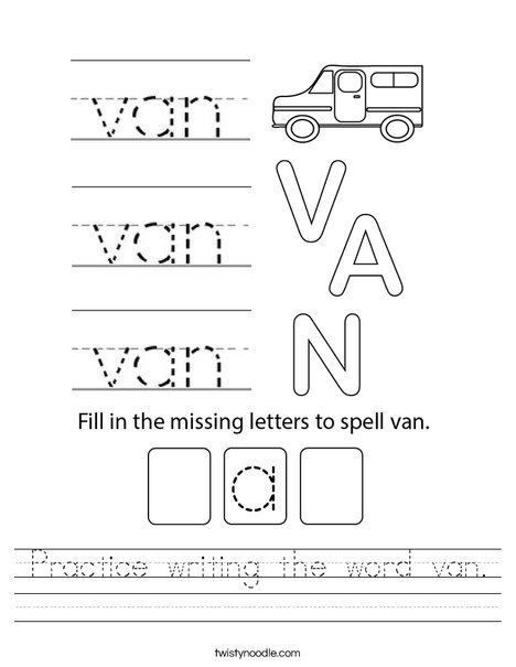 Practice writing the word van. Worksheet