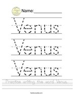 Practice writing the word Venus Handwriting Sheet